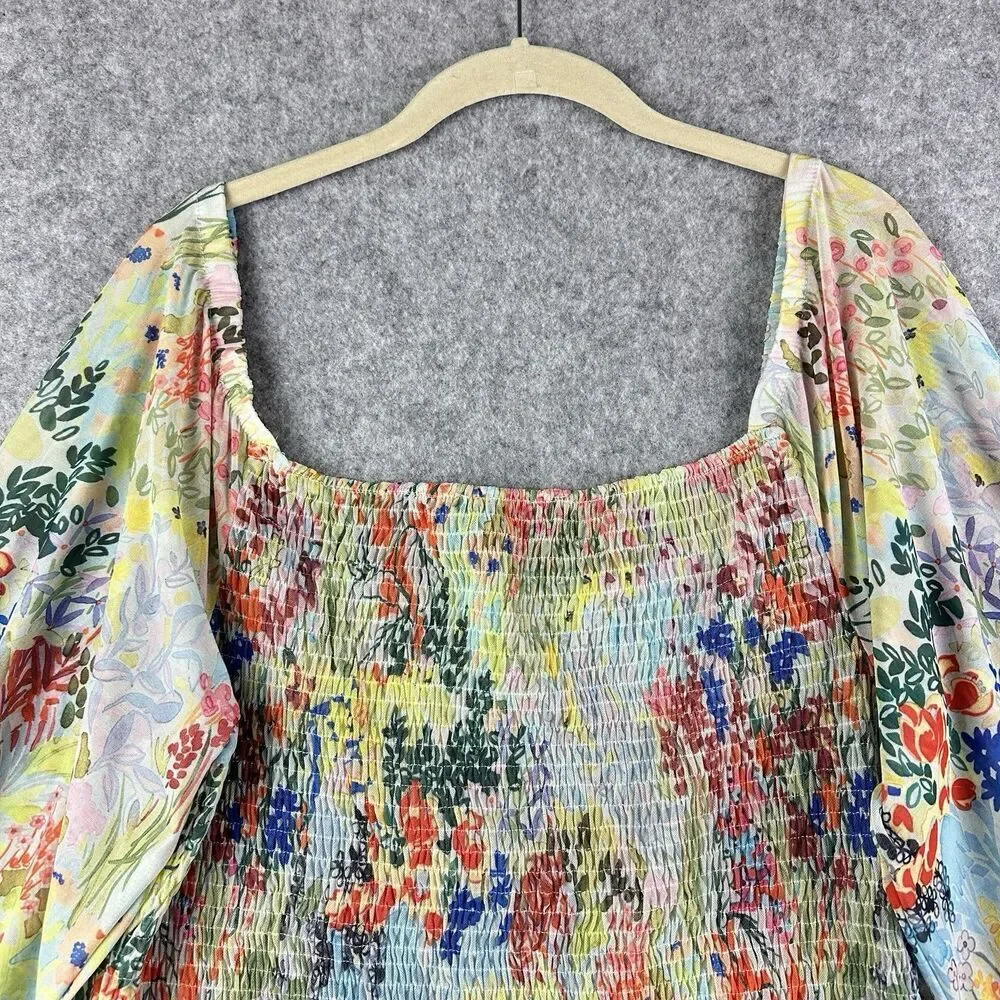 Anthropologie Rouen Smocked Top Womens M Long Sleeve Floral Boho Colorful 2-Way